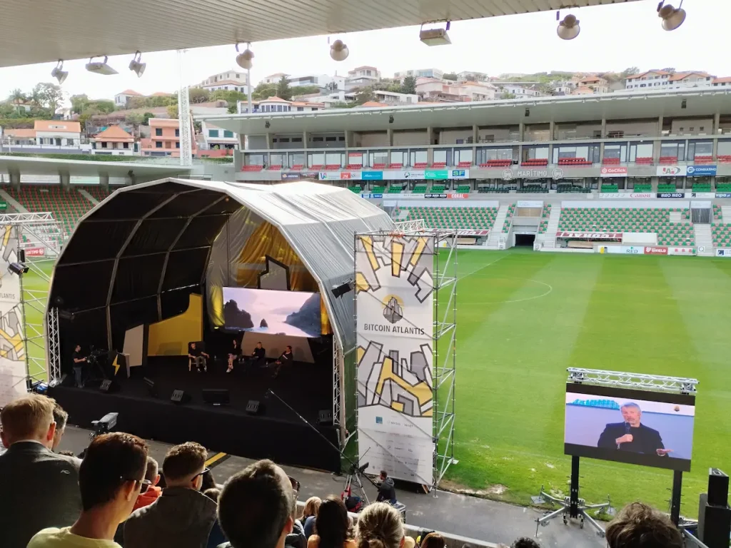 Michael Saylor, ex-CEO of Microstrategy, speaking at football stadium venue during Bitcoin Atlantis 2024, Funchal, Madeira.