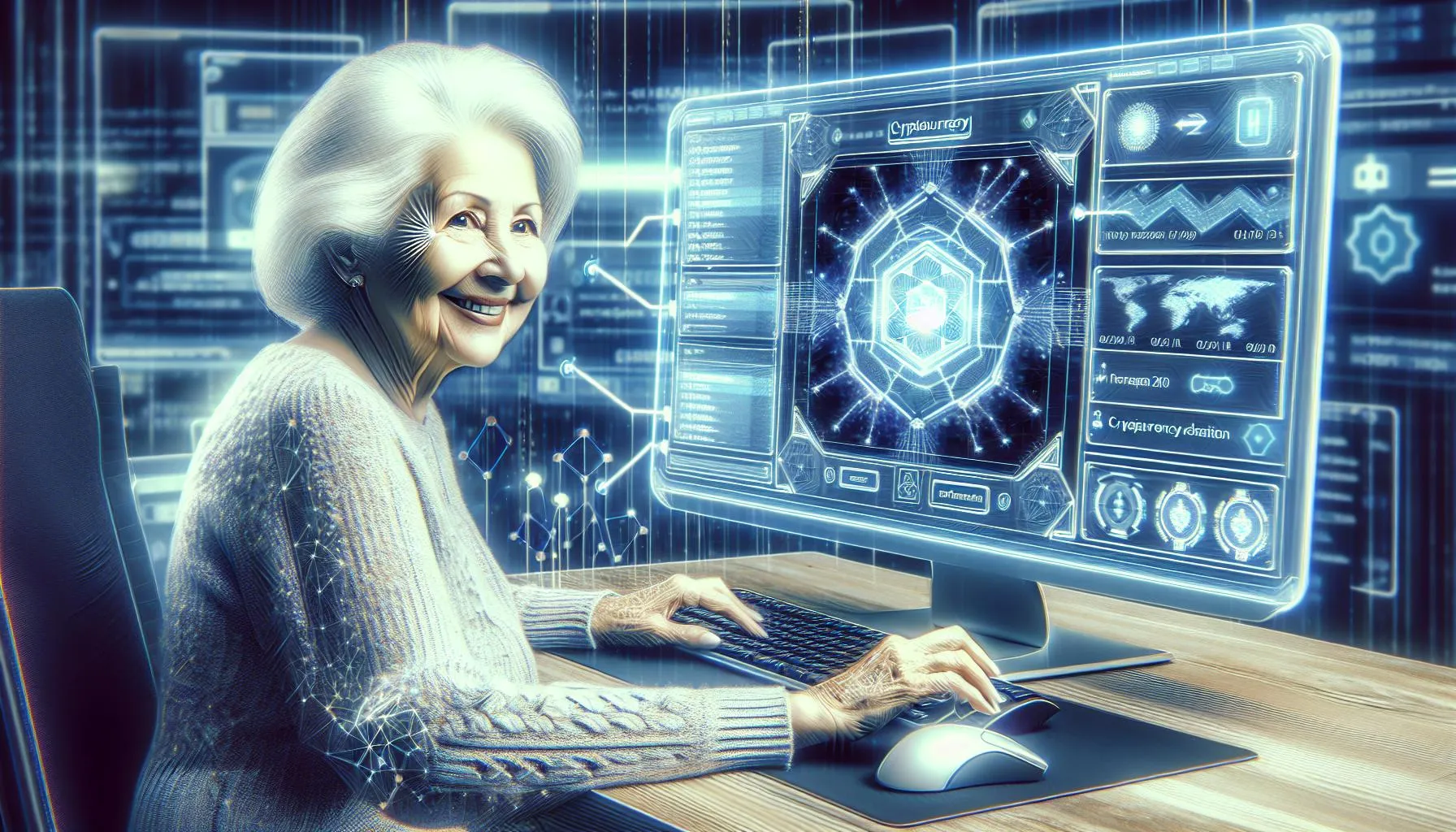 an old woman sitting at a computer