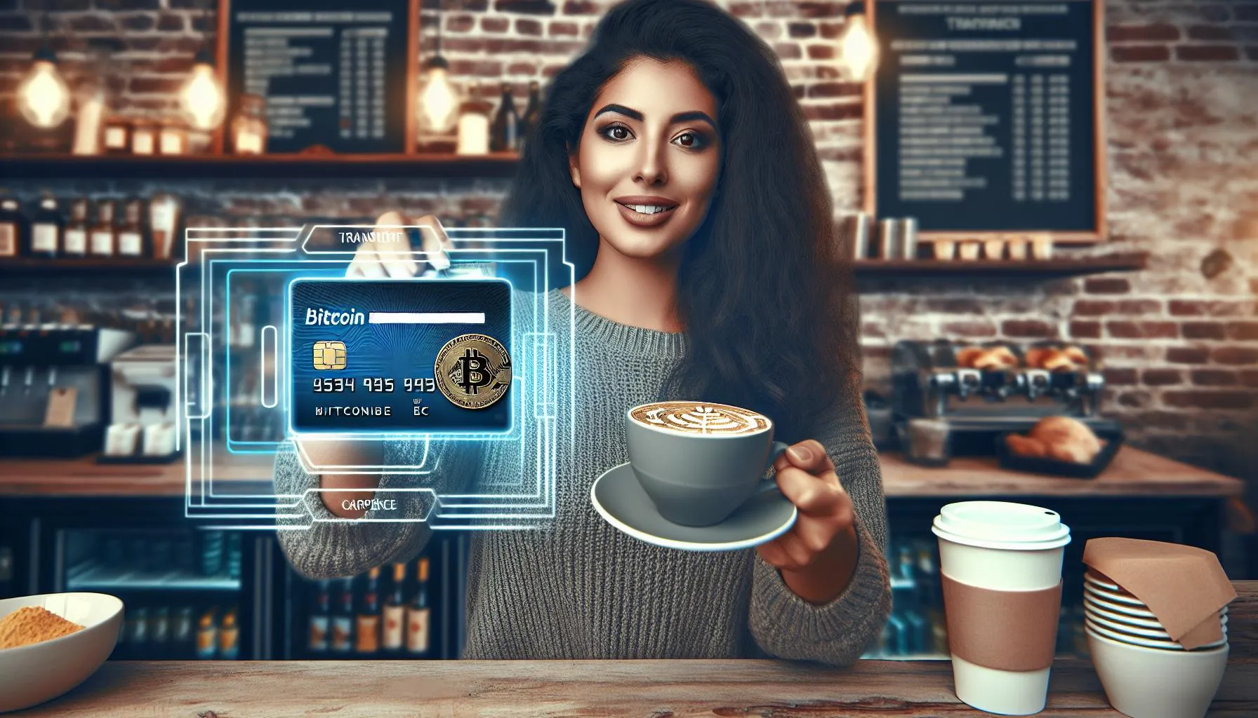 a woman holding a cup of coffee and a credit card