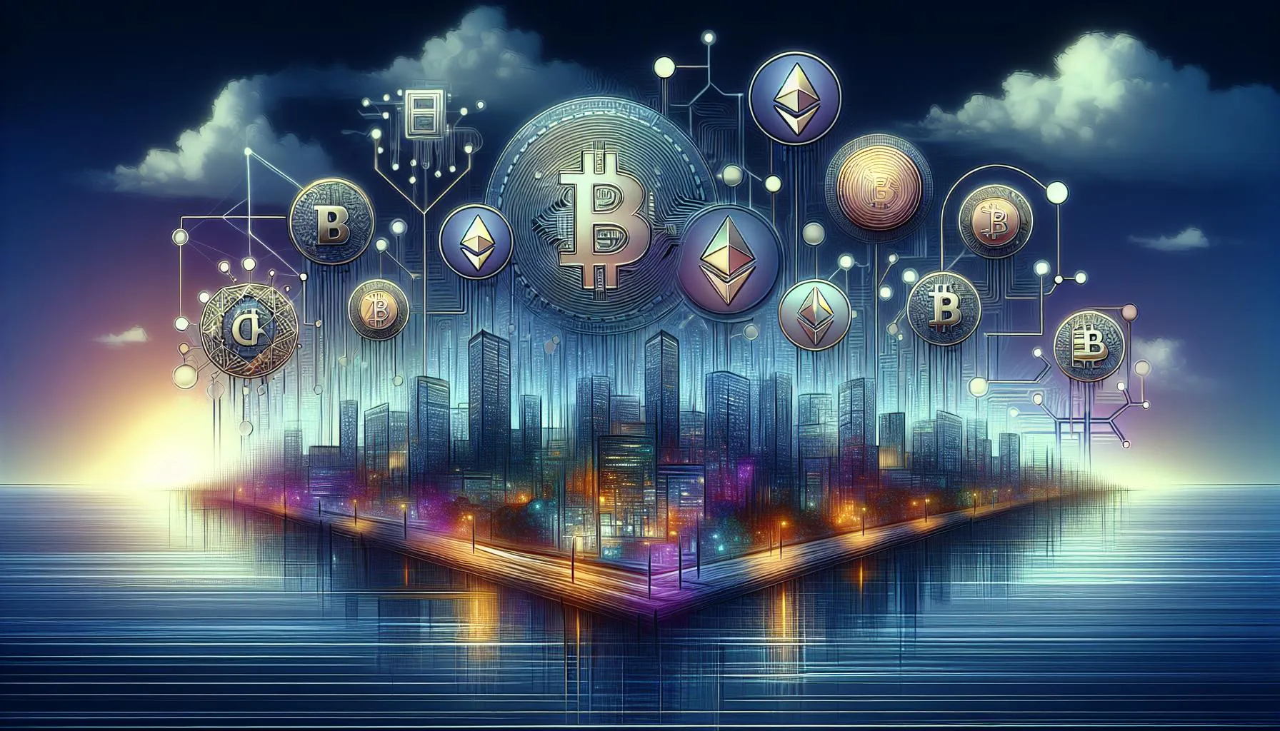 a city with many cryptocurrency symbols