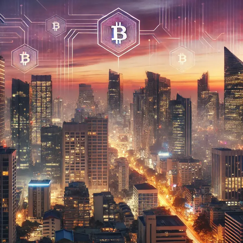 A futuristic city skyline with digital blockchain patterns overlaying the buildings, symbolizing real estate innovation.